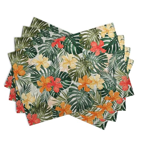 Tropical Palm Leaves Table Mats Set of 4 Summer Watercolor Hibiscus Flower Leaf Placement Mats for Dining Table Washable Non (4 Count)