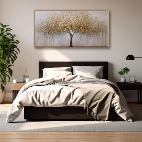 Wall Art Gold Abstract Tree of Life Framed Modern Artwork Canvas Painting Textured Tree Pictures Wall Decor Home Decor Wall Ready to Hang for Bedroom Living Room Size 58" Lx29 W