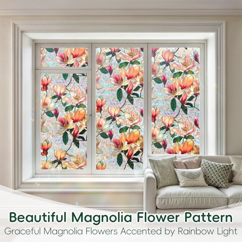 Window Privacy Film Decorative Stained Glass Window Film Rainbow Magnolia Floral Static Cling Non (666.1652 sq inch)