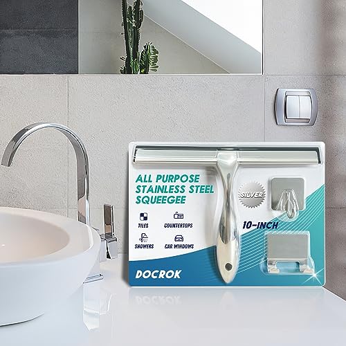 All Purpose Stainless Steel Shower Squeegee for Shower Glass Door with 2 Adhesive Hooks
