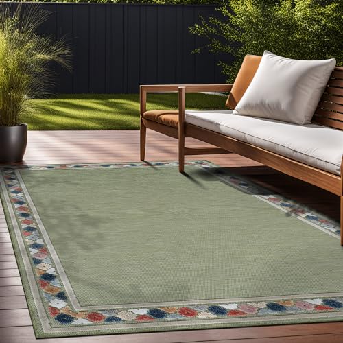 Outdoor Rug 8x10 Modern Bordered Area Rugs for Indoor and Outdoor Patio Easy to Clean Non Shedding Living Room Porch Garden Washable Outside Carpet