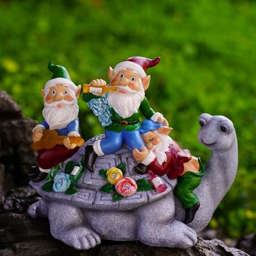 Upgraded Size Solar Garden Outdoor Statues Gnome Turtle Three Gnomes Having Party on Turtle with 7 LED Lawn Decor Outside Decorations for Patio