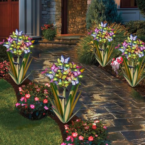 Solar Metal Agave Butterfly Flower Stick Garden Sculpture Outdoor Gift Solar Garden Christmas Lights Swaying Butterfly Sunflower Garden Lights Solar Outdoor Statues (3 Count)