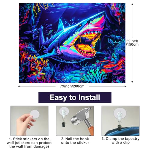 Blacklight Tapestry Ocean Shark UV Backdrop 78 x 59 Inch