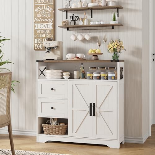 Farmhouse Buffet Sideboard Cabinet with 2 Drawers and Open Shelf