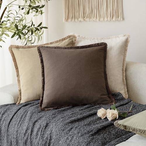 Decorative Linen Fringe Throw Pillow Covers 18×18 Reddish Brown (2 Count)
