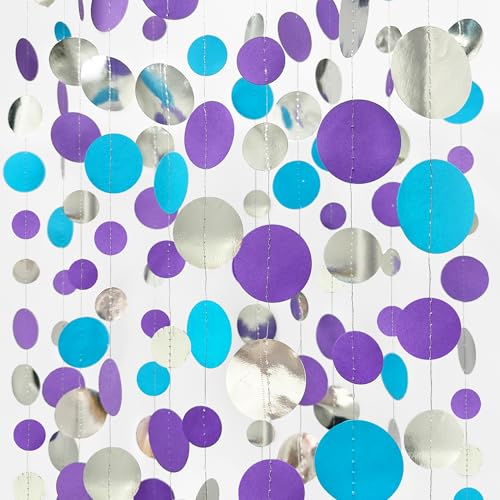 46 Ft Frozen Party Decorations Purple Blue Silver Polka Dots Garlands Hanging Paper Circle Dots Streamer for Frozen Birthday Winter Wonderland Christmas Holiday Wedding Shower Party Supplies