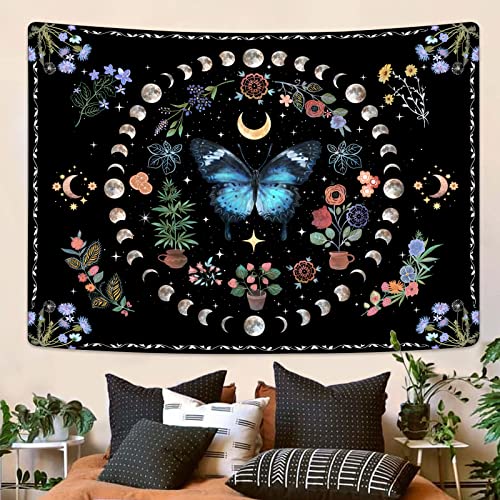 Blue Butterfly Moon Flower Tapestry Boho Floral Plant Tapestries for Bedroom Aesthetic Nature Tapastry's Wall Hanging Mandala Botanical Wall Tapestry for Living Room Dorm