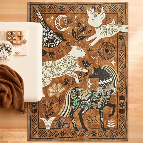 5x7 Cute Area Rug Kids Washable Fun Rug Earthy Brown Starlit Boho (35 Sq Ft)
