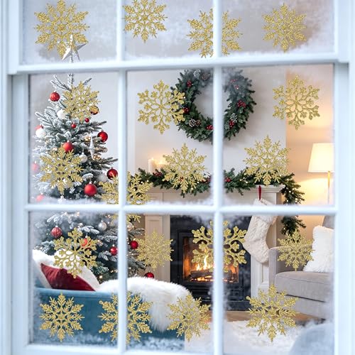 60pcs Christmas Gold Snowflake Ornaments Plastic Glitter Snow Flakes Ornaments for Winter Christmas Tree Decorations Size Varies Craft Snowflakes (60 Count)