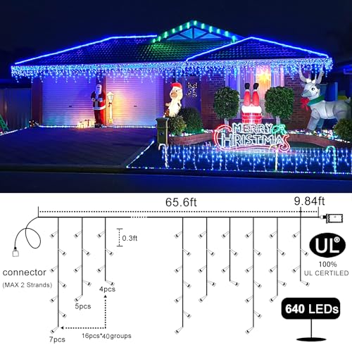 66FT Icicle Lights for Outside 640 LED Blue Christmas Lights Outdoor