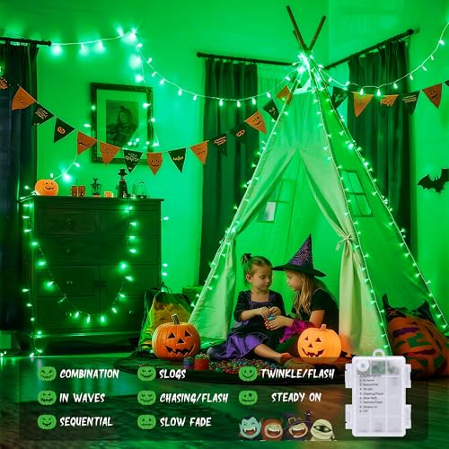 33ft 100 LED Green Battery Operated Lights for Halloween Decor (100 Count)