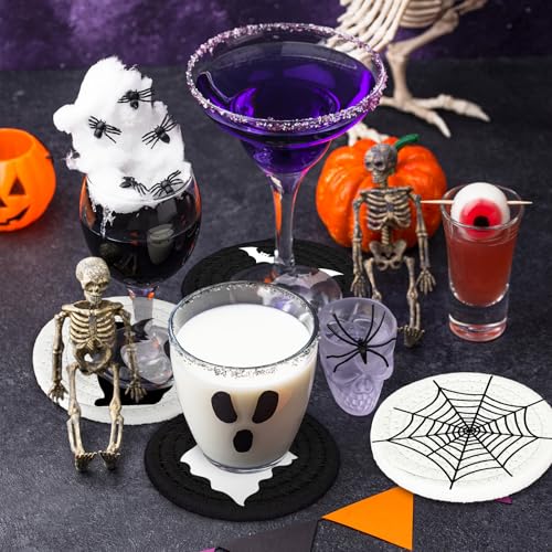 Halloween Handmade Braided Cotton Coasters Black White Ghost Bat Cat Spiderweb Drink Coasters Absorbent Cup Mat for Halloween Party Home Office Decor (4 Count)