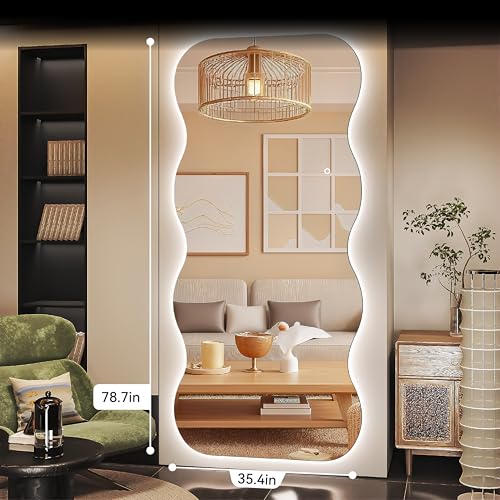 79"x35" Wavy Full Length Mirror with Lights Large Backlit Mirror