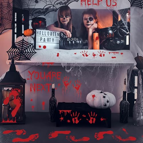 8 Sheets Halloween Bloody Handprint Footprint Floor Stickers Scary Halloween Decorations Self Adhesive Bloody Wall Decal Windows Cling Stickers for Window Floor Glass Bathroom Car Indoor Outdoor Party (8 Count)
