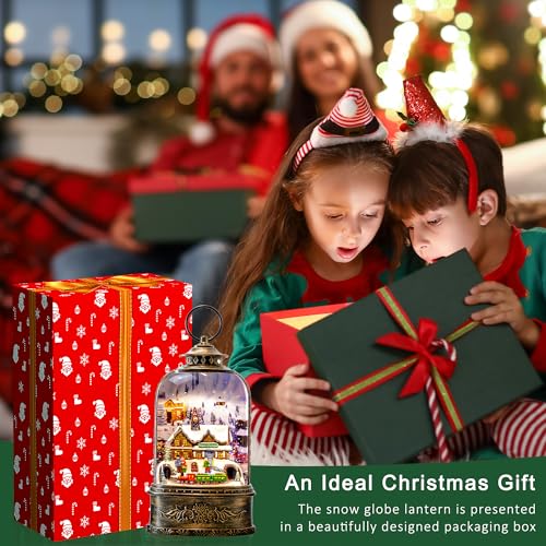 Christmas Village Snow Globe Water Lantern with Train Station Scene Battery Operated or USB Powered Musical Lighted Holiday Decoration for Tabletop Display for Family and Friends