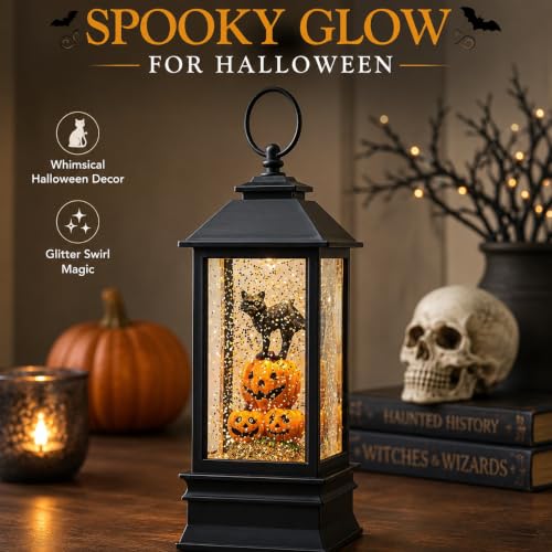Halloween Snow Globe Lantern Water Glittering Spooky Witch' s Black Cat in Pumpkins with Music