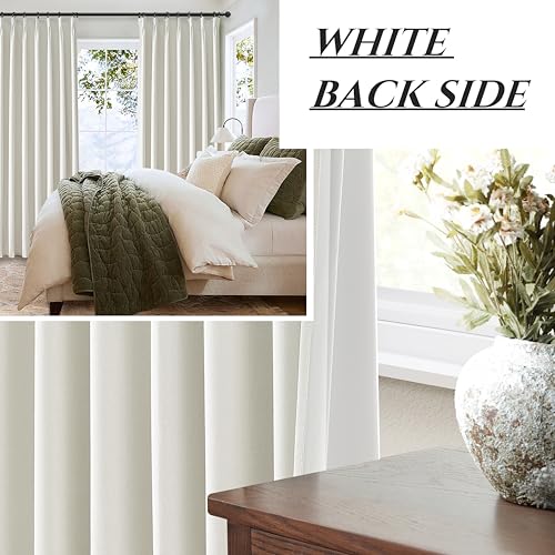 Linen Pinch Pleated Blackout Curtains Beige White Room Darkening Curtains 96 Inches Long (2 Count)