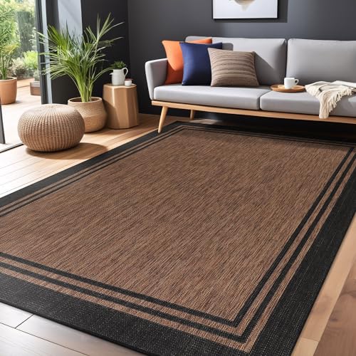 Bordered Outdoor Rug 10x14 Washable Outside Carpet for Indoor Patio Porch Waterproof Easy Cleaning Non Shedding Area Rugs Nut Brown 10 x 14