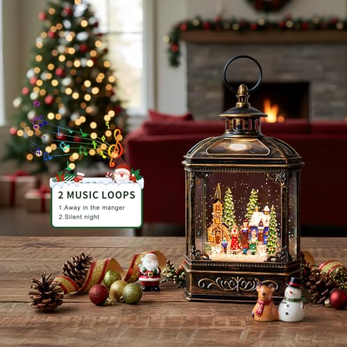 Christmas Snow Globe Lantern Water Glittering Town Home with Carolers