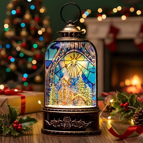 Christmas Snow Globe Lantern Water Glittering Churches & Holy Family with Music& Timer