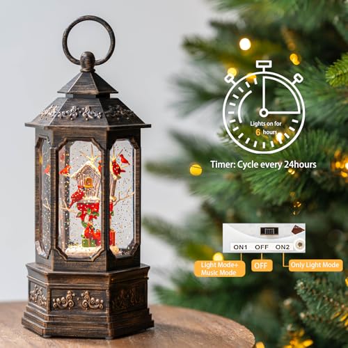 Christmas Snow Globe Lantern Water Glittering 11.6'' Cardinal & Birdhouse with Music & Timer