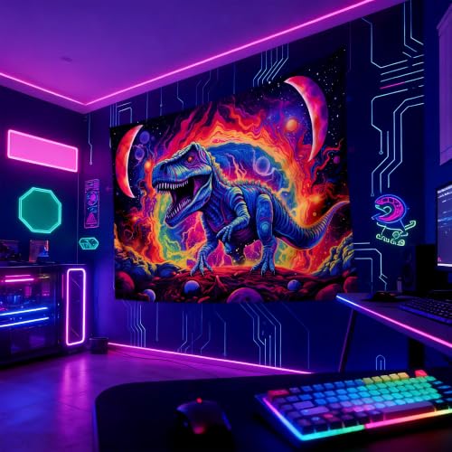 Blacklight Dinosaur Tapestry Wall Hanging Black Light Tapestries Uv Glow in the Dark Dino Poster for Teen Boys Room Bedroom 80x60in