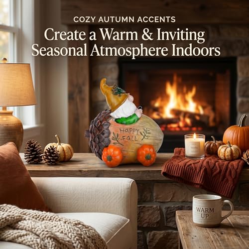 Fall Gnome Figurine with Acorn Car & Pumpkin Wheels