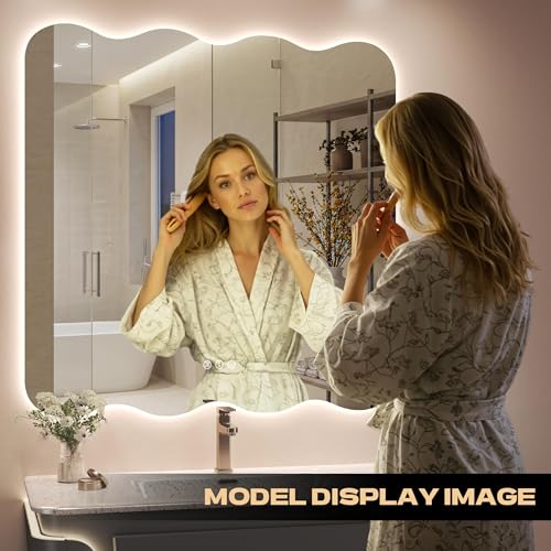 28"x20" Wavy Mirror with Lights Frameless Backlit LED Wall Mirror