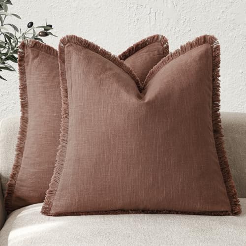 Decorative Linen Fringe Throw Pillow Covers 16×16 Inch (2 Count)