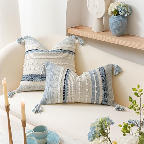 Decorative Lumbar Throw Pillow Cover 14x24 Boho Coastal Blue Accent Cushion for Couch Sofa Farmhouse Pillowcase for Bedroom Living Room Home Décor Cover ONLY