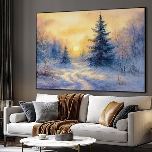 36"x46" Extra Large Framed Wall Art Winter Sunrise in Snowy Pine Forest Watercolor Style for Home Living Room Bedroom Decor