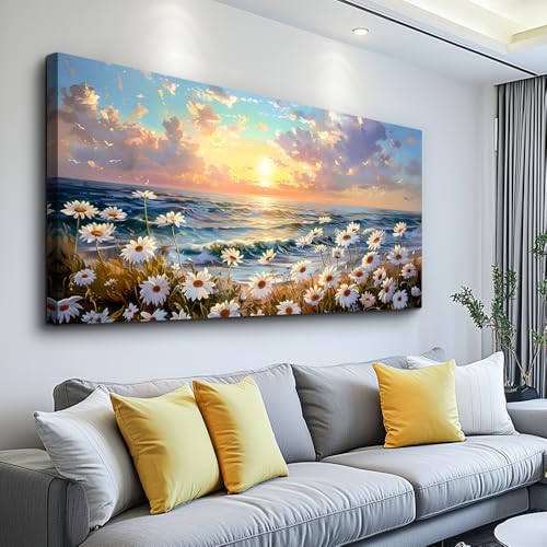 Large Canvas Wall Art For Living Room Bedroom Wall Decor Office Beach With Waves Landscape Painting White Flowers Painting Bathroom Dining Room Artwork Picture Home Decoration 20x40 In