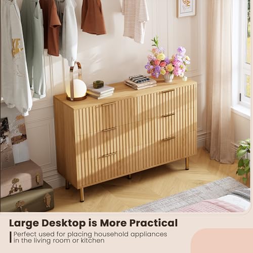 47.2" Fluted Natural 6 Drawer Dresser for Bedroom