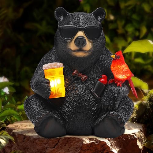 Solar Black Bear Statue for Garden with Beer and Cardinals