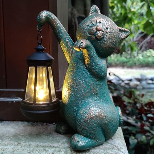Cat Garden Statue Outdoor Décor with Solar Lights Lantern