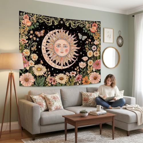 Boho Vintage Sun and Moon Hippie Floral Tapestry 60x44 Inch