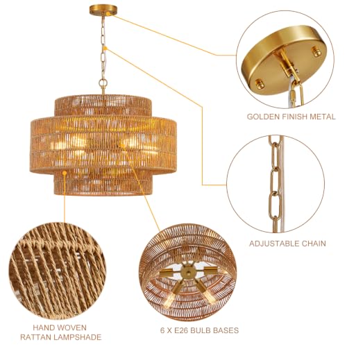 23.6" Large Gold Rattan Chandelier