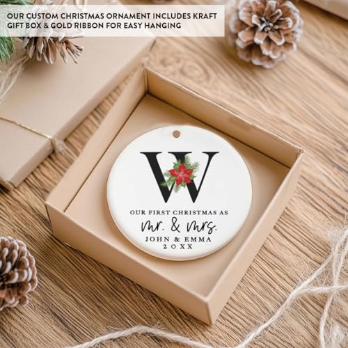 Personalized Our First Christmas As Mr. & Mrs. 2026 Christmas Ornaments Monogram Poinsettia 2.8" Round Porcelain Ceramic 1st Year Married Custom Ornament Keepsake for Newlyweds 1