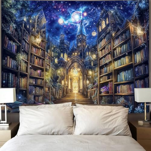 Fantasy Bookshelf Tapestry Space Library Tapestries Wall Hanging Gothic Galaxy Castle Magic Book Large Tapestry for Bedroom Living Room Dorm Classroom 80 x 60 inch
