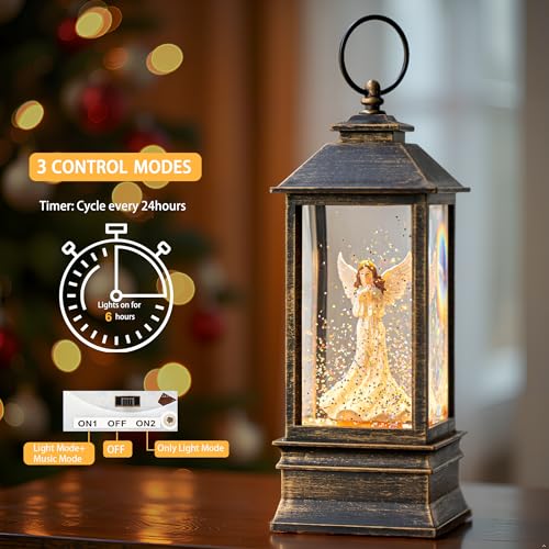 10'' Musical Snow Globe Lantern Lighted Angel with Dove Water Lantern Swirling Glittering Home Decoration and Gift