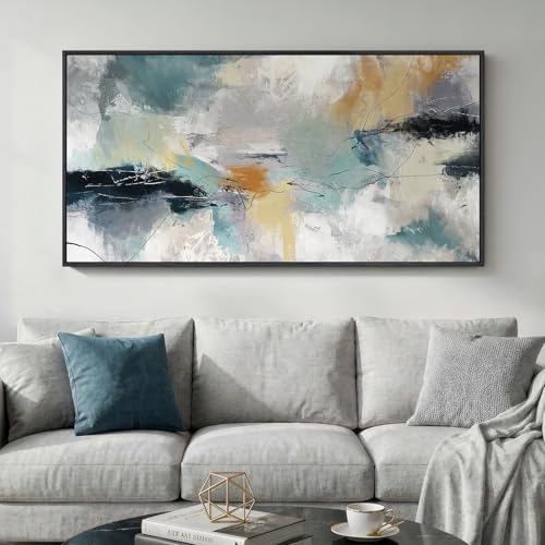 Large Framed Gray Teal Abstract Wall Art for Living Room