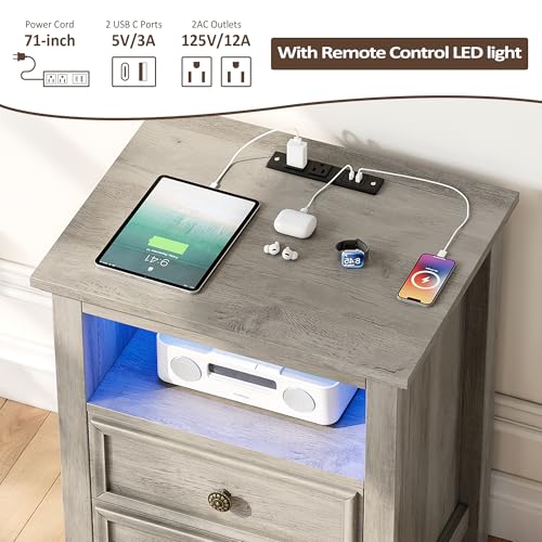 Set of 2 Nightstand with Charger Station Strip Lights