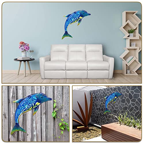 Dolphin Wall Decor Outdoor Metal FIsh Sea Hanging Art Glass Sculptures Home Ocean Theme Decorations for Living Room