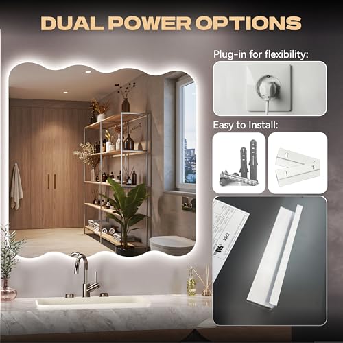 36"x36" Wavy Mirror with Lights Frameless Backlit LED Wall Mirror