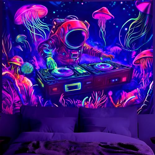 Blacklight Space Astronaut Tapestry UV Reactive Galaxy Planet Glow in Dark Tapestries Black Light Poster Neon Wall Hanging Art for bedroom Living Room