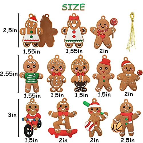 12pcs Christmas Gingerbread Man Ornaments for Christmas Tree Decorations Assorted Plastic Gingerbread Figurines Xmas Holiday Decorations 3 Inch Tall (12 Count)