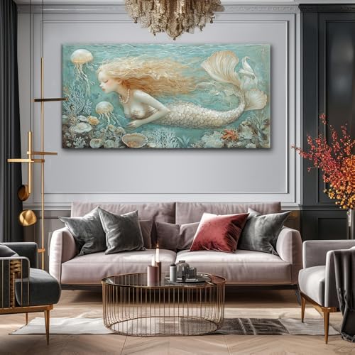 Ocean Mermaid Wall Art for Girls Room Modern Canvas Prints Marine Organism Underwater World Sea Creatures Artwork Paintings Women Bedroom Wall Decor