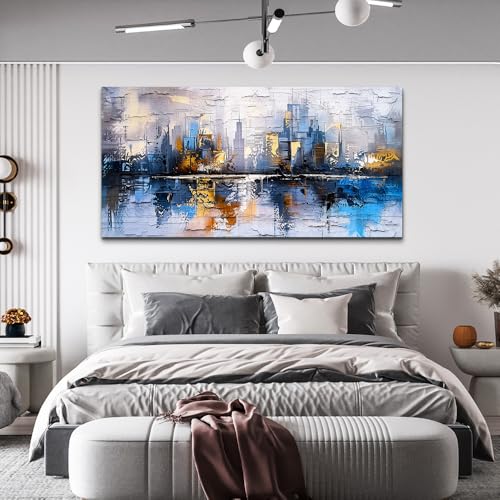 Abstract City Oil Painting Large Home Decor Mural Living Room Bedroom Modern Printed Canvas Wall Art Yellow Blue Graffiti Mural Office Corridor Can Be Directly Hung Wall Decor 24 X 48 In