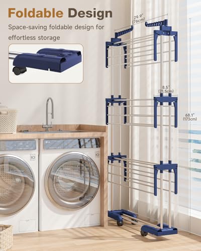 Clothes Drying Rack Folding with Wheels Drying Rack Clothing Clothes Horses Rack Stainless Steel Laundry Drying Rack with Two Side Wings 4 Tier Upgraded Grey Blue